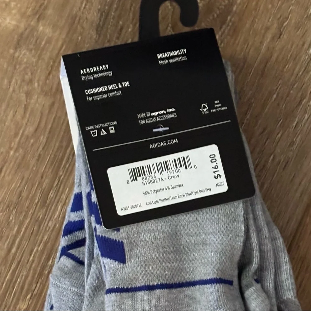 Adidas Men’s‎ Superlite 3 Pair Crew Socks Lightweight Grey Royal Blue NEW
